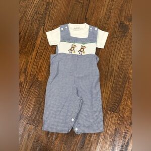 Baby boys smocked 2 piece blue gingham monkey longall 12 months